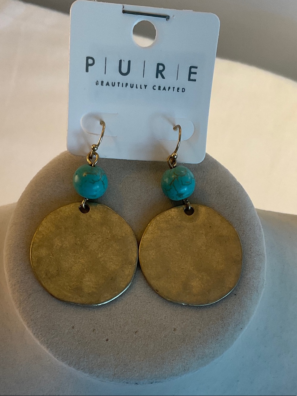 Gold Metal Disc Earrings with Turquoise Bead Accent